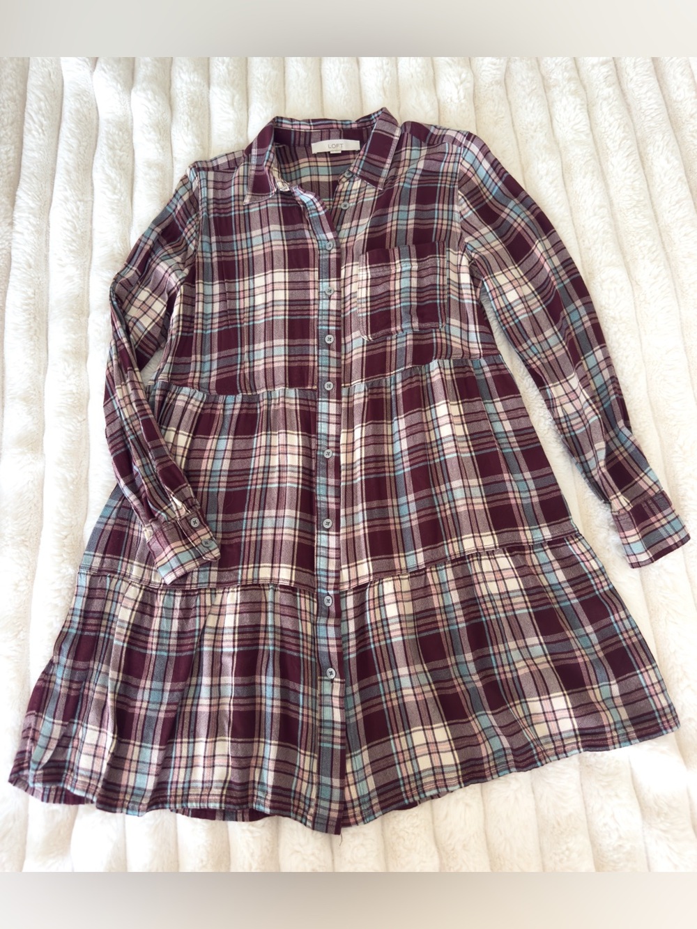 LOFT Burgundy Plaid Button-Front Dress